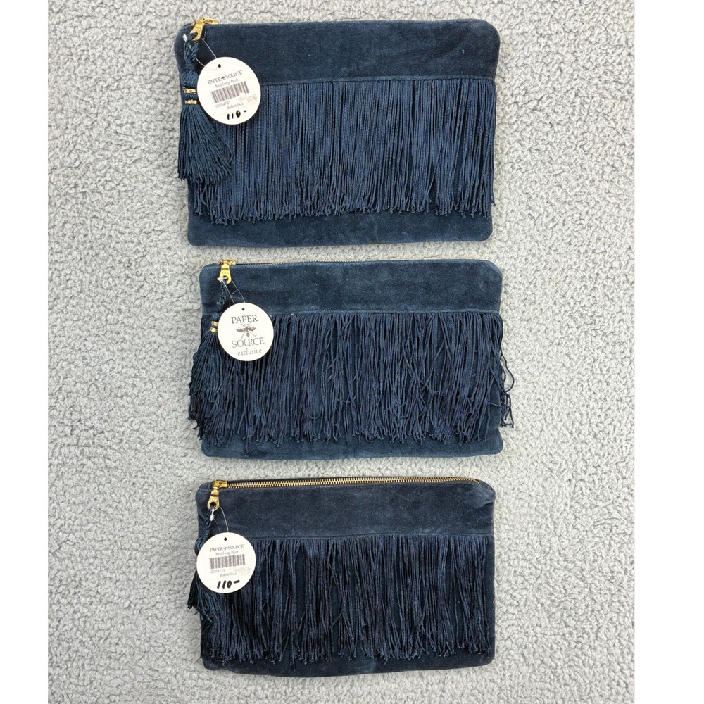 Paper Source Pouch Fringe Womens Navy Blue Clutch Boho Makeup Travel Bag